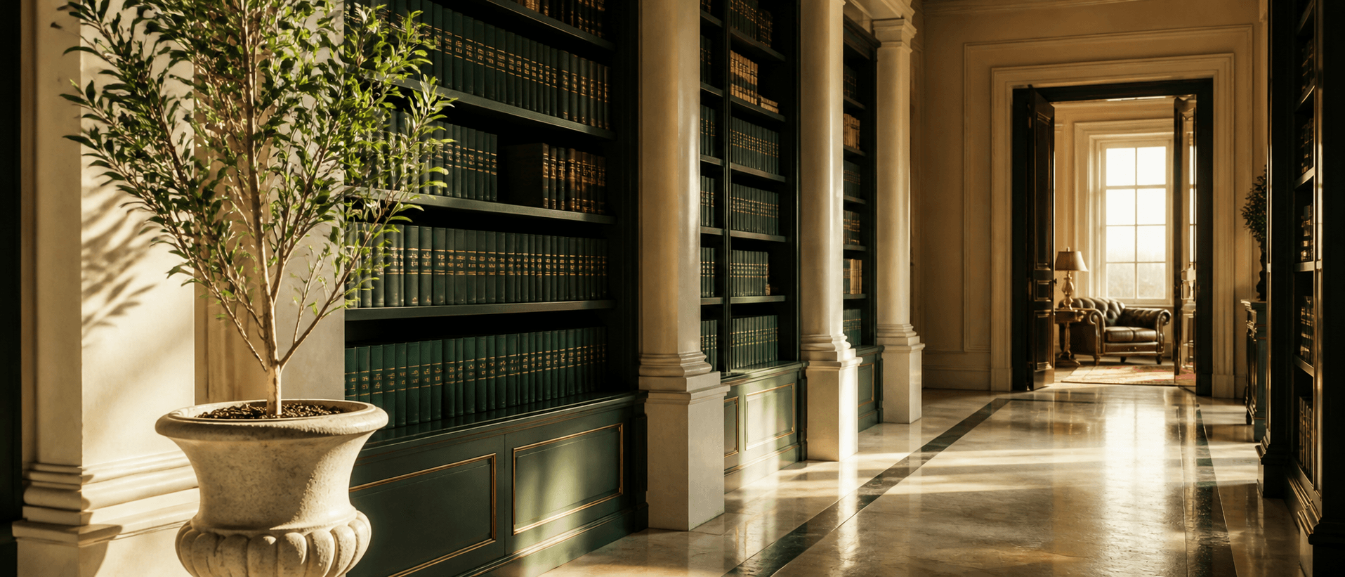 Biblioteca jurídica organizada com um caminho para uma sala iluminada