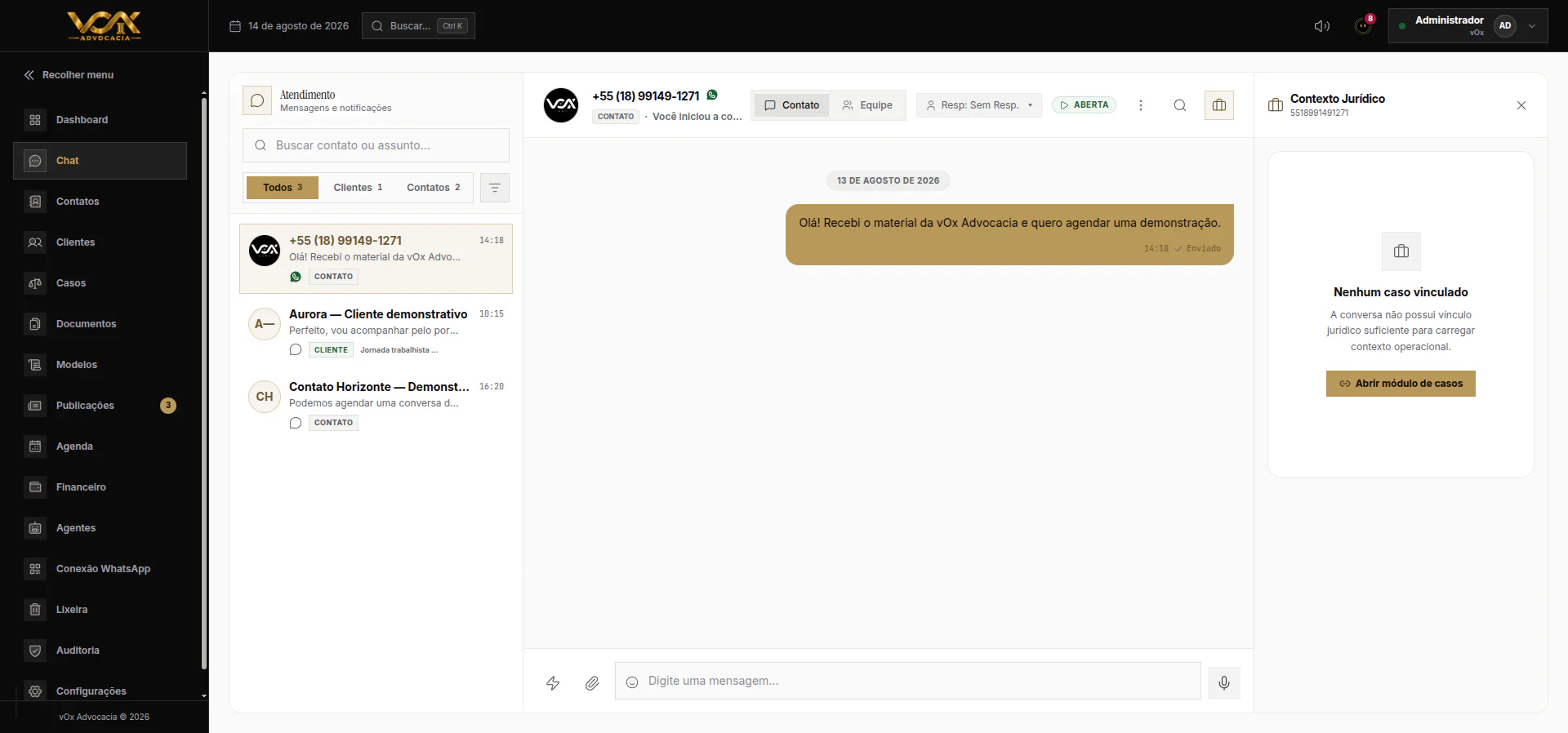 Chat do vOx mostrando a chegada de um novo contato pelo WhatsApp.