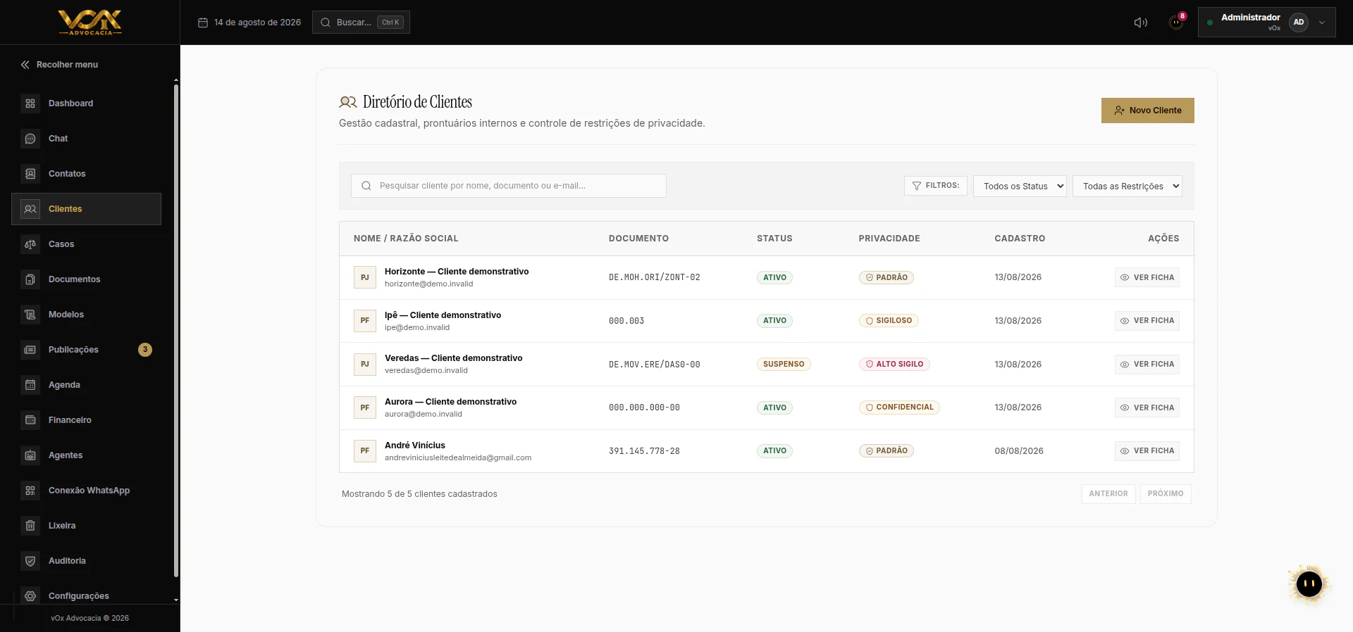 Lista de clientes do vOx com busca e informações de contato.