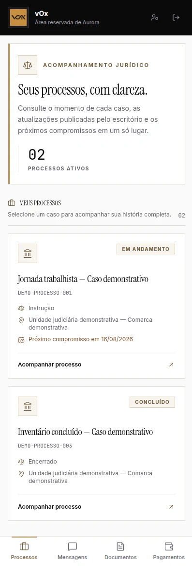 Portal do Cliente do vOx com os processos ativos e concluídos.
