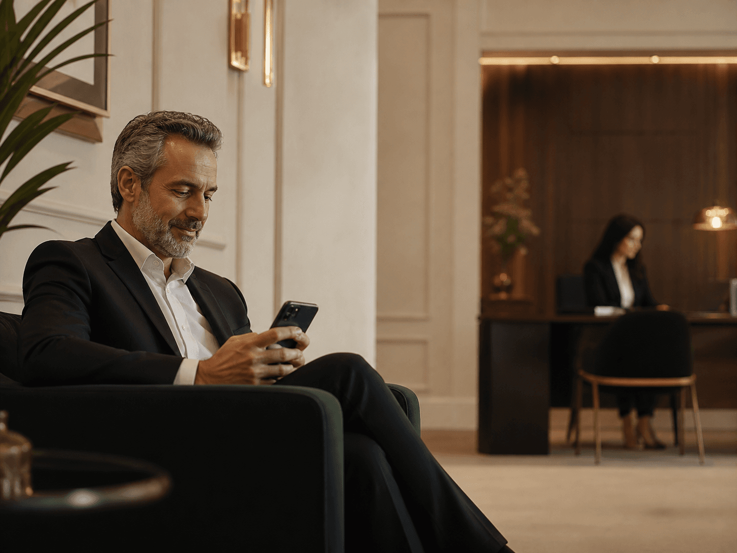 Cliente consultando atualizações pelo celular em um escritório de advocacia